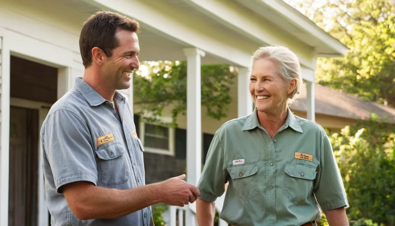 A friendly provider talking with a homeowner on the porch of an older house in Kettering